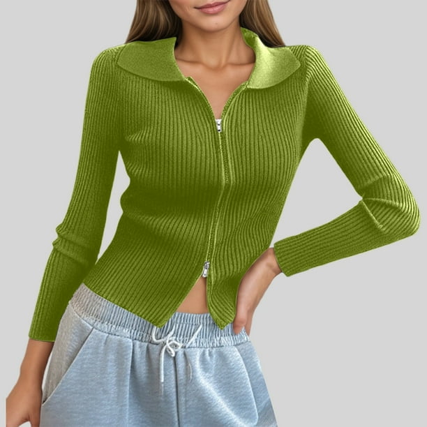 MHFRRA Cárdigan de Punto Acanalado con Doble Cremallera para Mujer, Top Corto Ajustado con Cuello Verde