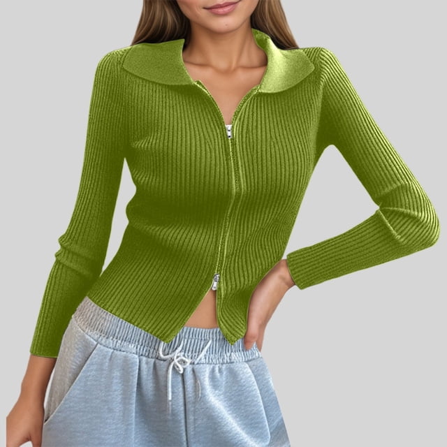MHFRRA Cárdigan de Punto Acanalado con Doble Cremallera para Mujer, Top Corto Ajustado con Cuello Verde