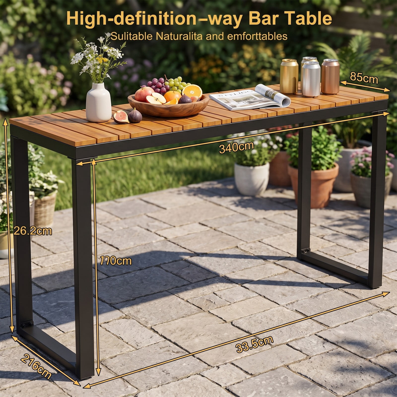 Furnibear Outdoor Rectangle Console Table with Slatted Acacia Wood Tabletop and Metal Frame for Patio and Living Room, Natural