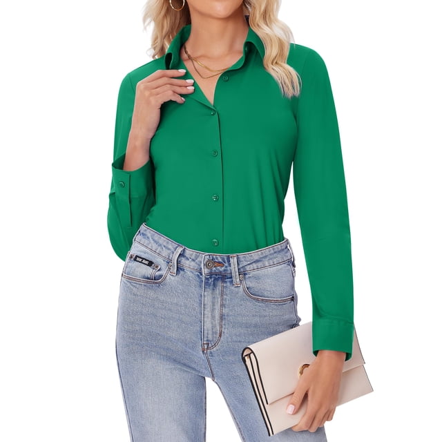Camisa con botones Siliteelon para mujer de manga larga, color verde