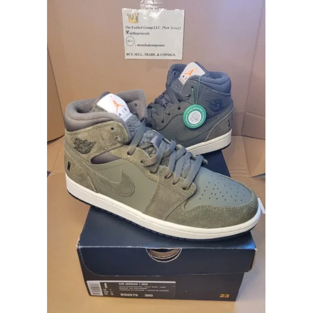 Ni - ke Ni - ke Air Jordan 1 Mid Olive Canvas Men’s Size 8 Green White BQ6579-300