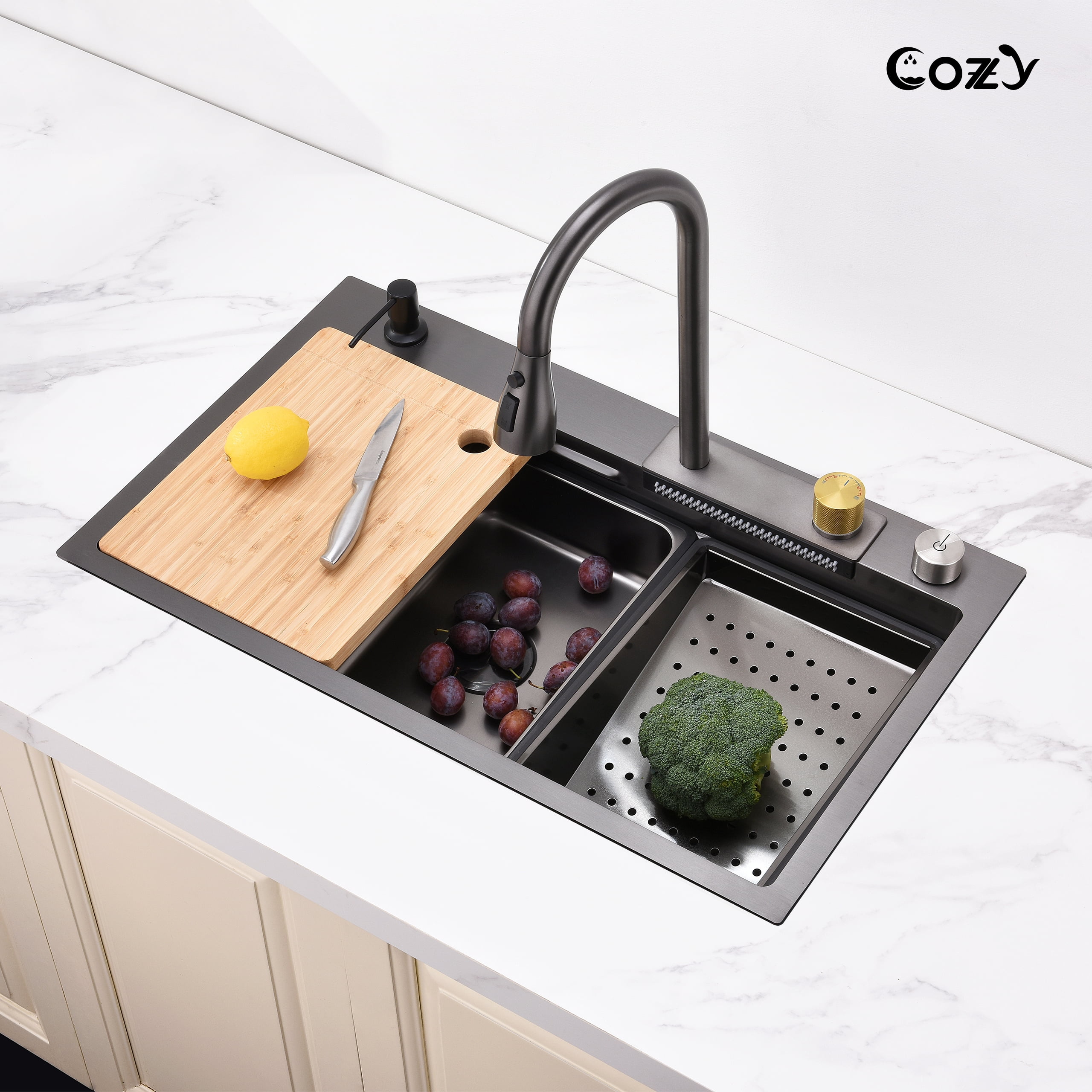 COZY 30″×22″ Stainless Steel Single Bowl Kitchen Sink, Black Waterfall Workstation with Flying-Rain Faucet, Cutting Board, 1 Count, SS-BL05-302208