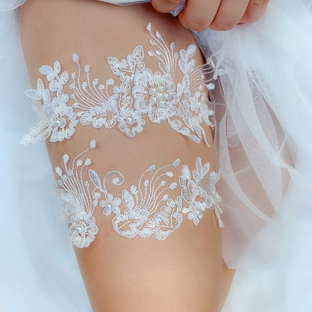 

2PCS Wedding Garter Set Elastic Fake Pearl Lace Garter Bridal Garter Leg Ring