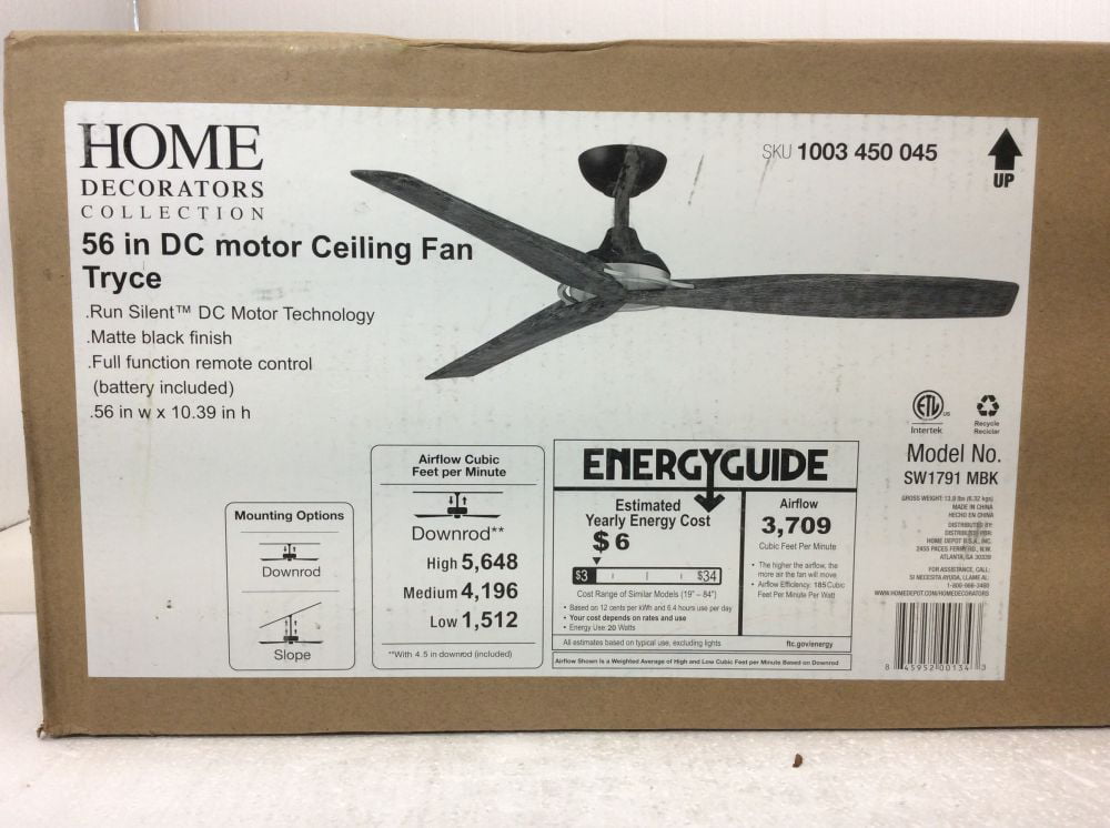 Home Decorators Collection Tryce 56 In Indoor Matte Black Ceiling Fan With Remote Control New Open Box Com - Home Decorators Collection Ceiling Fan Downrod