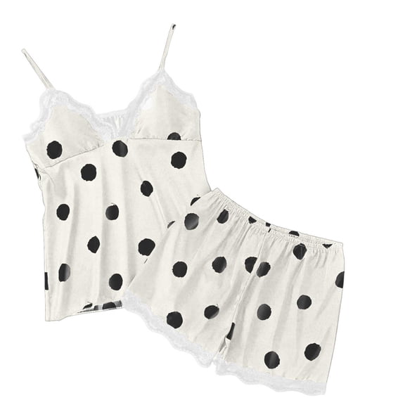 BRICH Women's 2 Piece Polka Dot Printed Satin Lace Cami Top and Shorts Pajama Set White XL