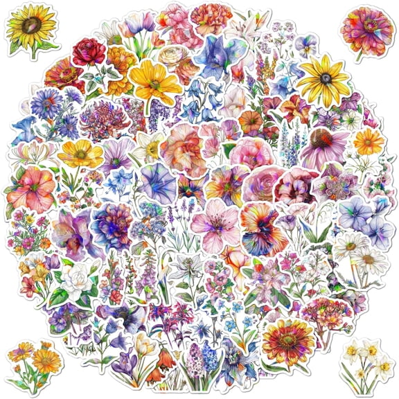 100pcs Flower Stickers Pack, Sparkly Holographic Aesthetic Decals for Water Bottle, Waterproof Stickers for Laptop Scrapbooking Phone,Flower Gifts for Adults Women Teens Girls