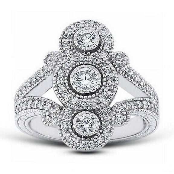 Elongated Triology Diamond Ring Split Shank Milgrain Ring 14K White Gold Over 2.6 Ct Diamond