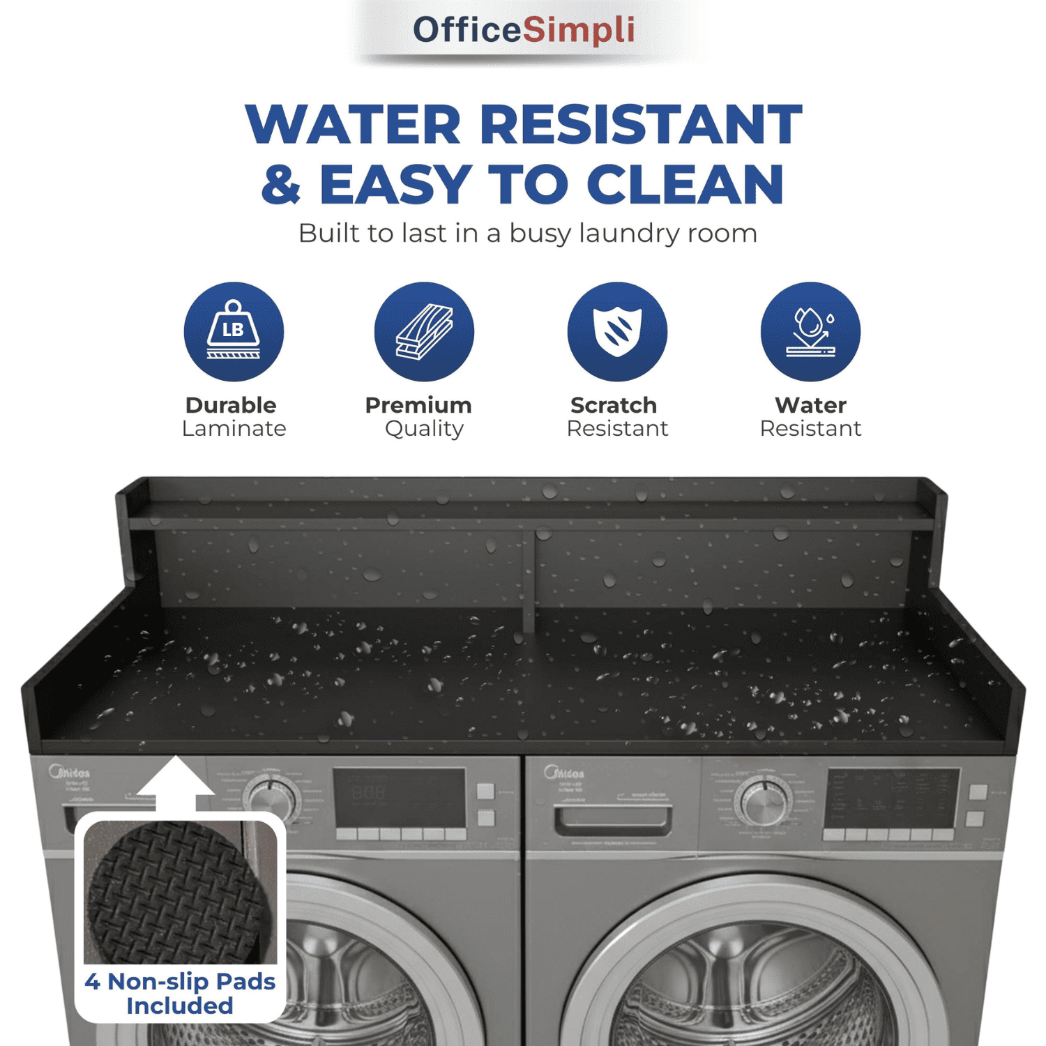 OfficeSimpli Large Washer Dryer Countertop with Shelf - 30 x 58 Inch - Made in USA Laundry Countertop Over Washer and Dryer with Non-Slip Pads, Storage Shelf, Laundry Topper Organizer, Black