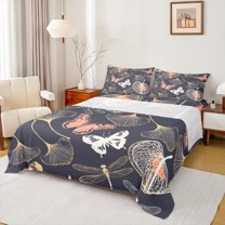 Manfei Cartoon Butterfly Moth Twin Sheet Sets, Rustic Flower Leaf Twin Fitted Sheet, Teens Kids Adult Women Flat Sheet, Luxury Bedroom Decor, 3-Piece