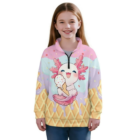 Uourmeti Ice Cream Axolotl Girls Half Zipper Sweatshirt Fall Pullover Long Sleeve Lightweight Comfy Casual Loose Athletic Top Sportswear for School Gym Size 5-6