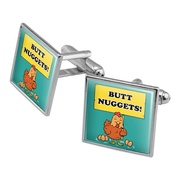 Butt Nuggets Chicken Eggs Funny Humor Square Cufflink Set - Silver or Gold