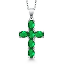 Gem Stone King 925 Sterling Silver Green Nano Emerald Cross Pendant Necklace for Women | 2.40 Cttw | Gemstone May Birthstone | Oval 6X4MM | With 18 inch Chain