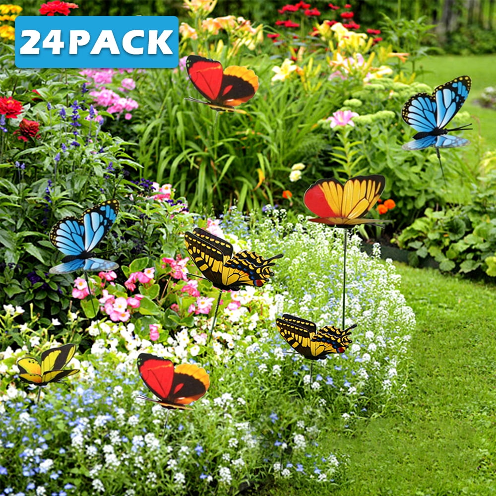 24Pcs Planter Flying Butterfly Stakes Wings Vibrating Yard Garden Red Purple 