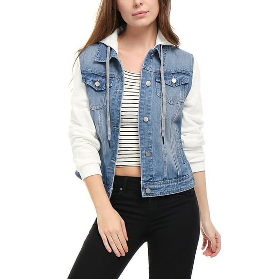 MODA NOVA Juniors Denim Jacket Button Down Long Sleeve Drawstring Hood Jean Jackets