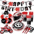 thumbnail image 2 of Vajilla desechable para fiesta temática de motocicleta y coche de carreras, mantel blanco y negro, platos, tazas, decoración para fiesta de cumpleaños de niños, 2 of 5
