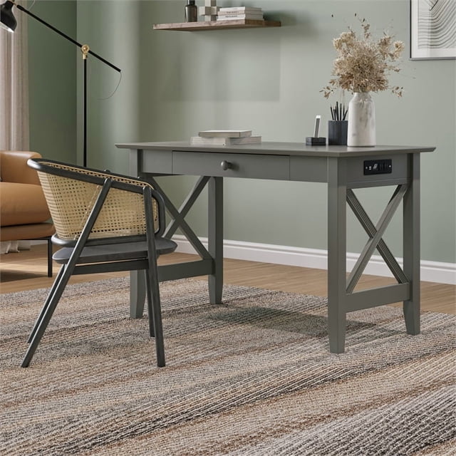 AFI 48" Solid Wood X Design Writing Desk with Drawer USB Charger in Gray