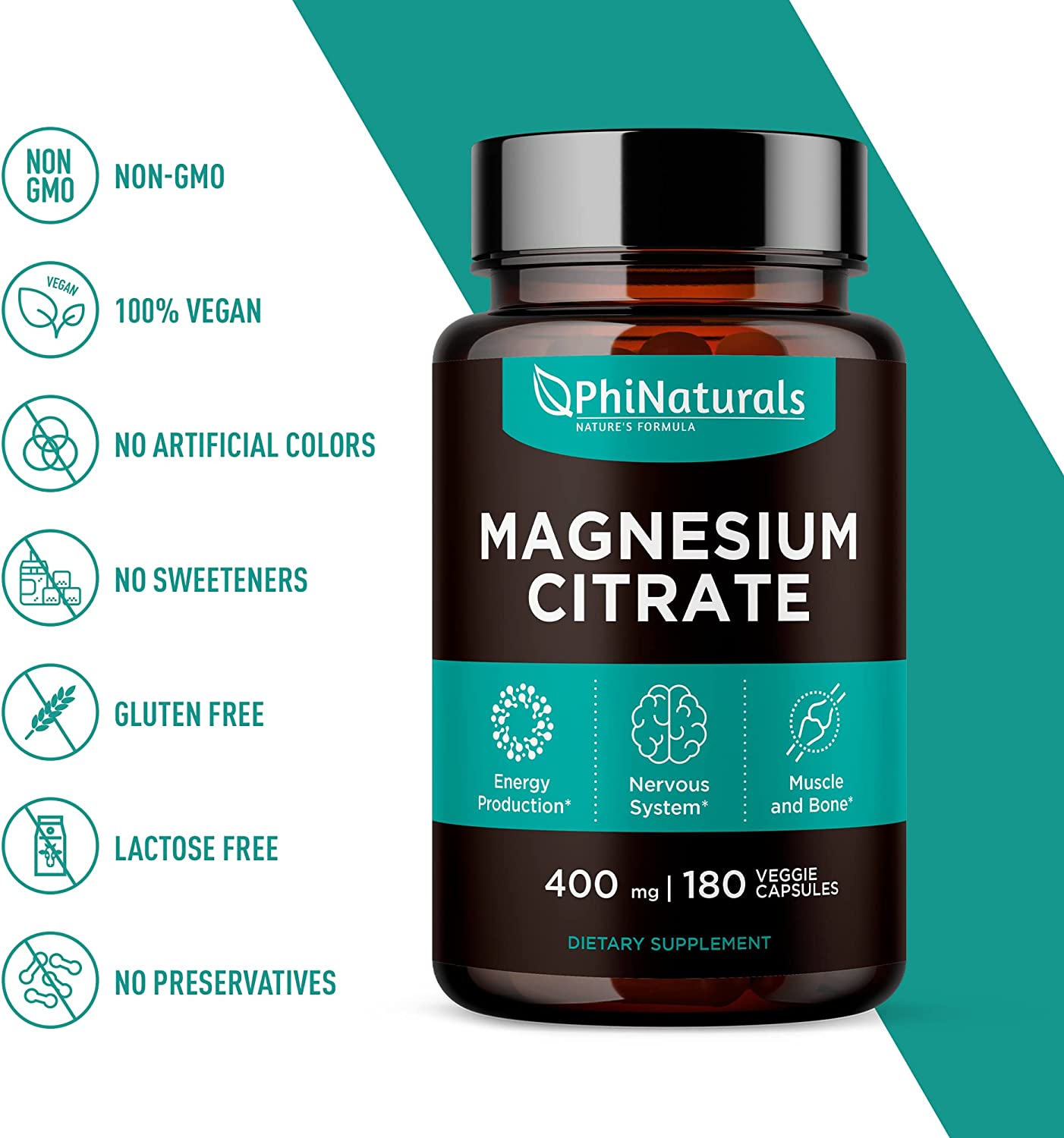 Magnesium Citrate Powder Capsules 400mg - 180 Count Veg Caps - PhiNaturals Supplements - Nervous System Support* and Enzyme Function*
