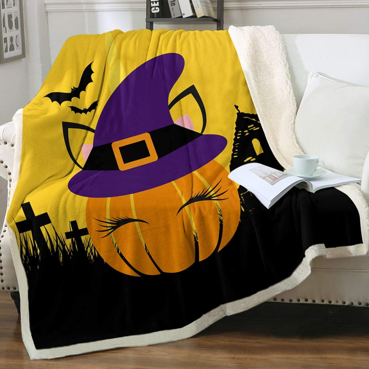 Halloween Pumpkin Black Cat Lightweight Fleece Blanket Microfiber Soft Flannel Decor Witch Hat Skull Throw Fuzzy Blanket for Bed Couch Car Camping Ultra Luxurious Warm Cozy All Seasons 50x60 Inches