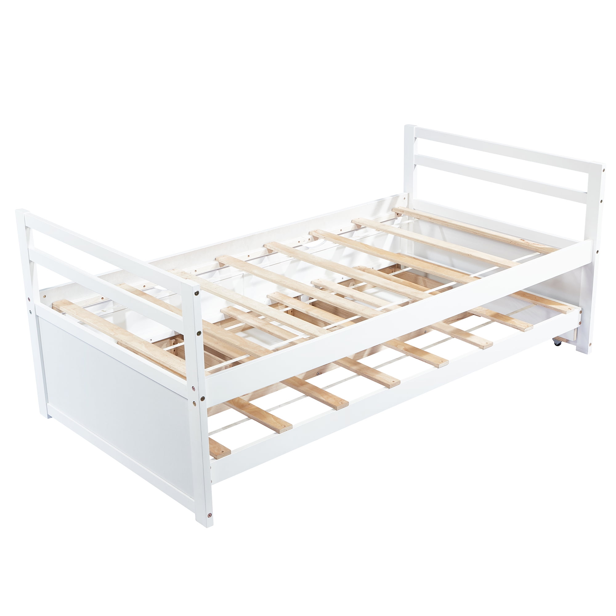 Miniyam Wood Twin Size Bed with Trundle, Storage Drawers for Kids, White