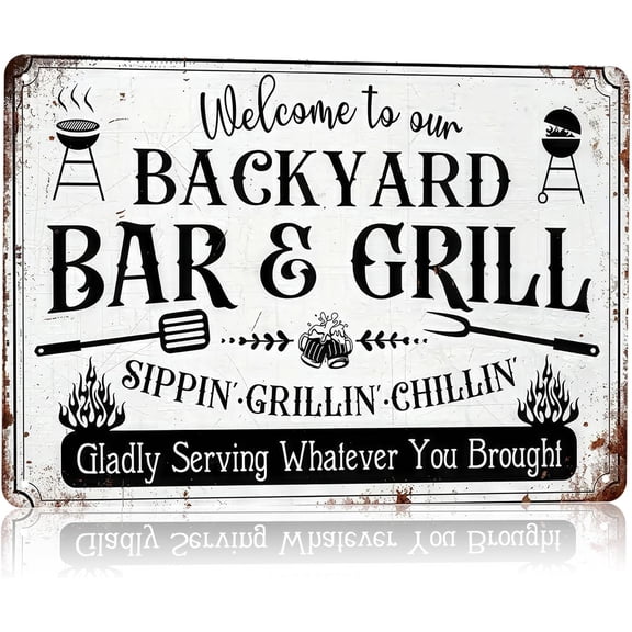 Backyard Bar and Grill Decor Metal Tin Sign, "Sippin Grillin Chillin" Funny Vintage Plaque, Retro BBQ Sign for Outside Patio Yard Garage Man Cave, 8x12 Inch