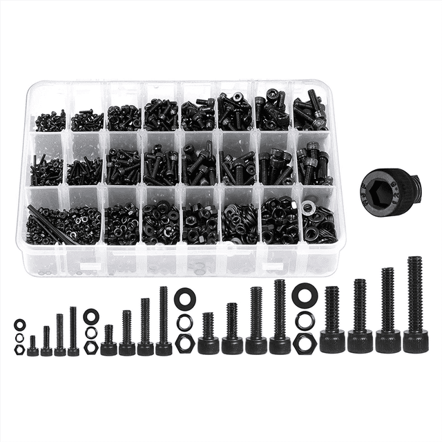 1600Pcs Metric Screw Assortment Metric Bolt Assortment, featuring hex socket head cap machine screws, nuts, and bolts in a variety of 16 standard sizes. The set includes M2 and M3 screws with lengths ranging from 4mm to 25mm, along with lock washers and four custom hex wrenches for easy assembly. Made of high-quality steel with black galvanized coating for rust and oxidation resistance, suitable for all-weather use. Packaged in a reinforced storage box with separate compartments and transparent labels for organization and convenience. Ideal for precision machinery, 3D printers, electronics, and household appliances.