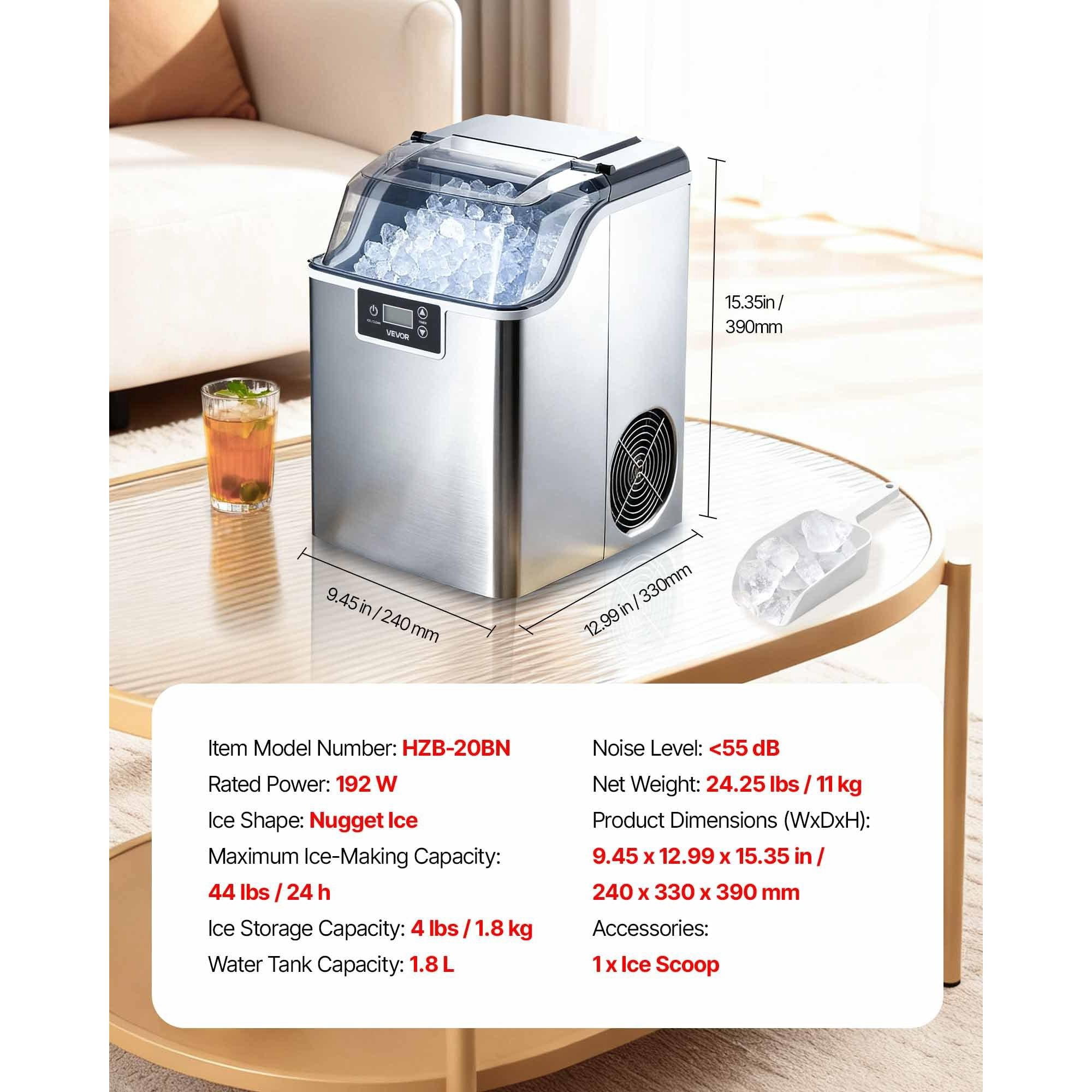 Countertop Nugget Ice Maker, 44 lbs/24H Portable Ice Machine with Self-Cleaning, 4 lbs Ice Storage Basket, Stainless Steel Quiet Ice Maker <55dB for Home Kitchen Office Bar Party