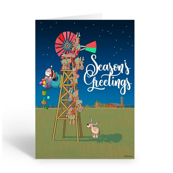 Santa and His Reindeer Get Caught Up in a Windmill Funny Holiday Greeting Card -