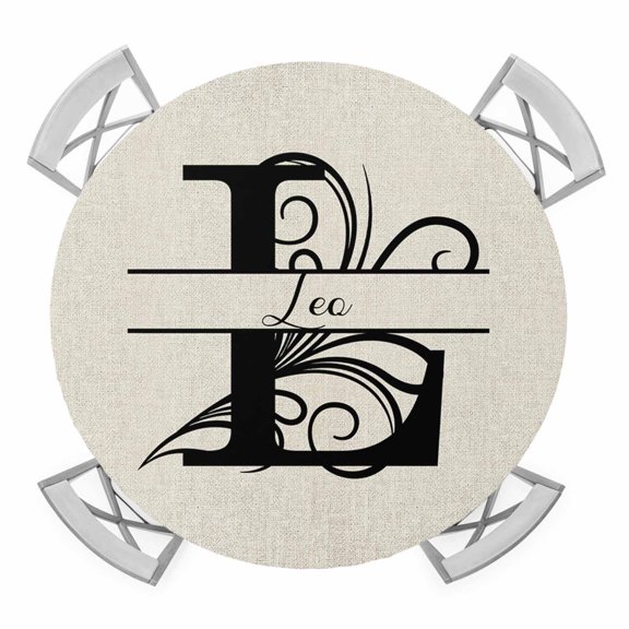 Letter L Round Tablecloth for 55-60 Inch Tables, Fitted Table Cover with Elastic Edge, Monogram Words Waterproof Outdoor Table Cloth Protector for Patio Garden Dinner Picnic