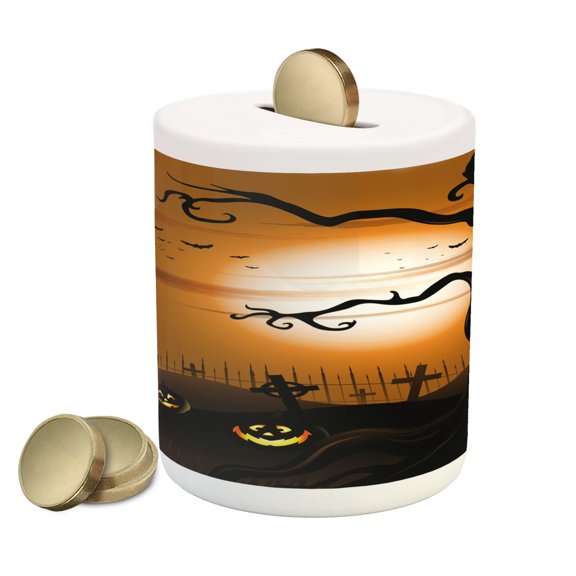 Halloween Piggy Bank, Leafless Creepy Tree with Twiggy Branches at Night in Cemetery Graphic Drawing, Ceramic Coin Bank Money Box for Cash Saving, 3.6" X 3.2", Brown Tan, by Ambesonne