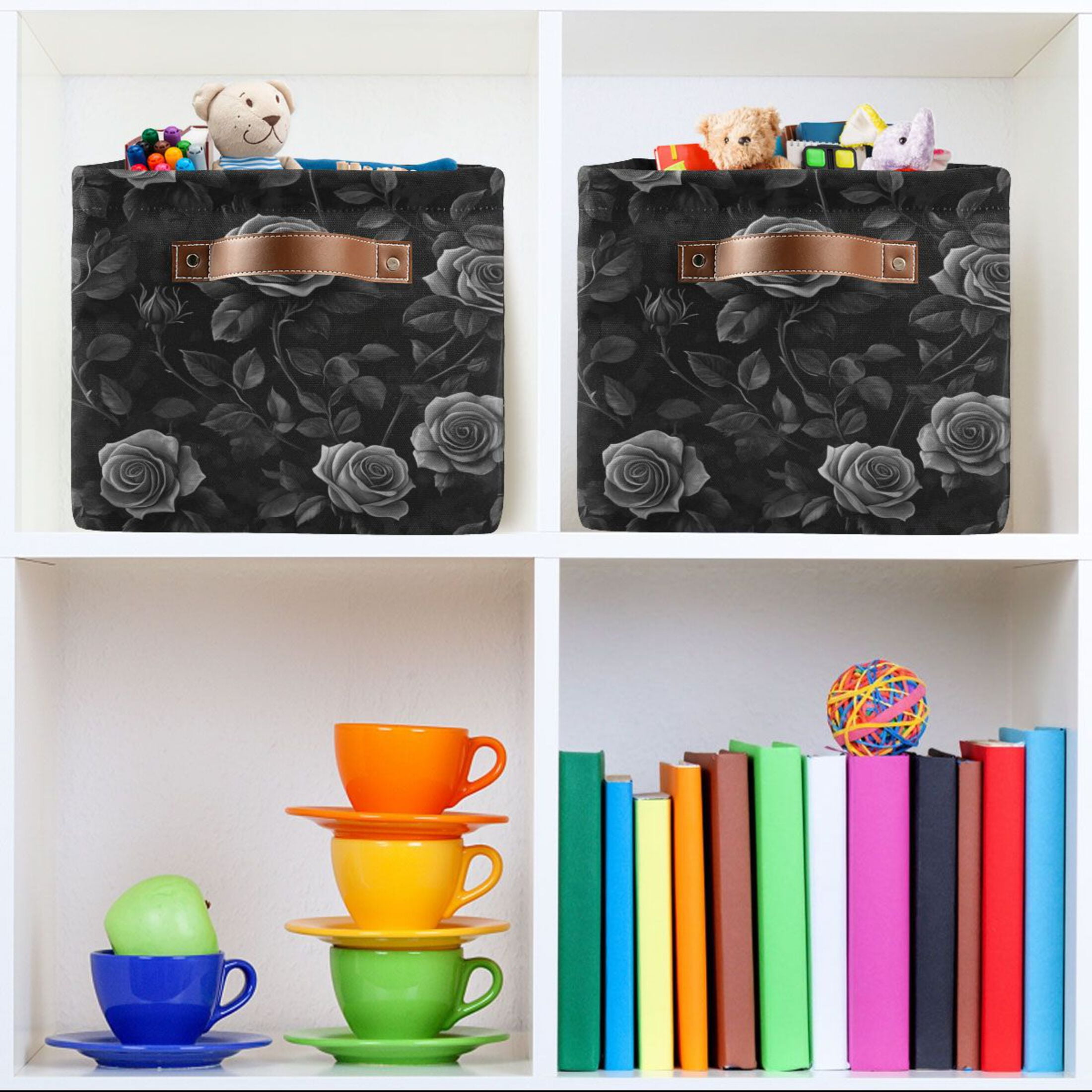 WOBOGO Black Rose Square Storage Basket with Waterproof Canvas and PE Lining Durable PU Leather Handles 14.2×10.2×8.3in