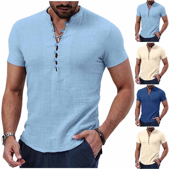 Einccm Men's Henley Shirts Short Sleeve Solid Color Casual T-Shirts Breathable Polyester Pullover Tops for Daily Wear Summer Classic Fit Standing Collar Tee