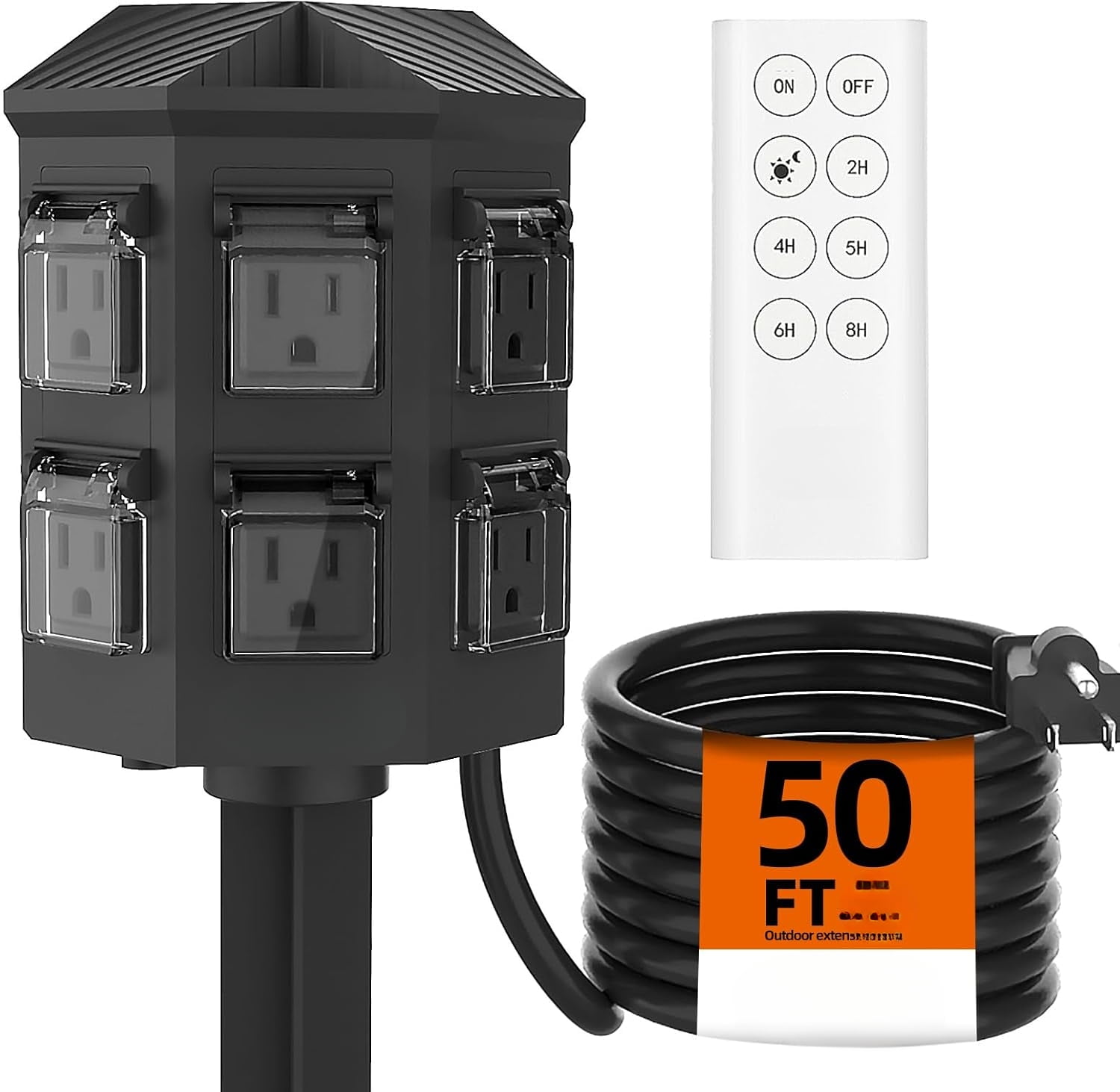 Waterproof Outdoor Power Strip – 50FT Extension Cord, 6 Grounded Outlets with 100FT Remote Control & Dusk to Dawn Timer, ETL Listed for Yard, Garden & Pool Use