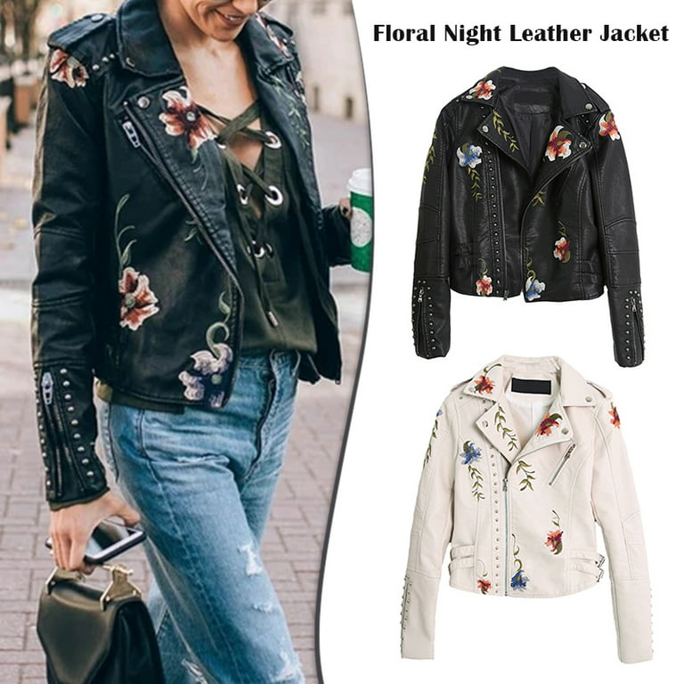 Aliexpress Floral Print Embroidered PU Leather Jacket L / Beige