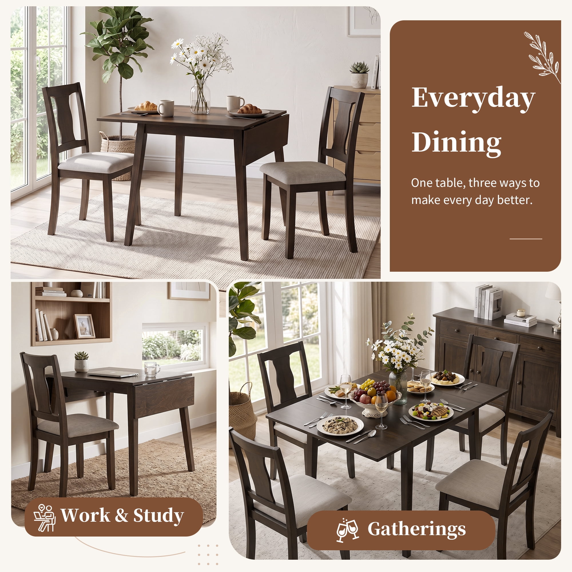 Euroco 5-Piece Dining Table Set for 4, 45.67" Extendable Kitchen Table Set with Drop Leaf and 4 Upholstered Chairs,Dining Room Set for Small Space,Espresso