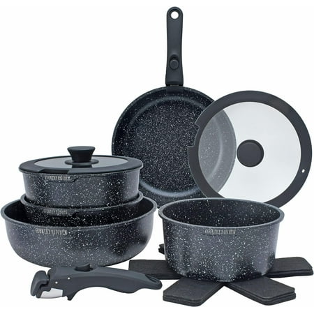 Country Kitchen 13-Pc Pots and Pans Set with Removable Handles Nonstick Cookware Set Black