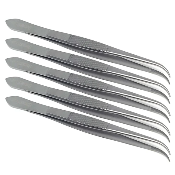 Precision Stainless Steel 5 Pcs Lab Tweezers Lab Multipurpose Forceps with Serrated Fine Point Tips - Curved 4.5"