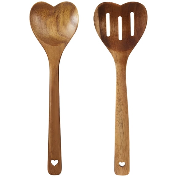 2 Pcs Heart Shaped Wooden Spoons, Acacia Wood Kitchen Accessories, Large & Slotted Spoons, Perfect for Cooking, Stirring, Serving, Ideal Gift for Loved Ones