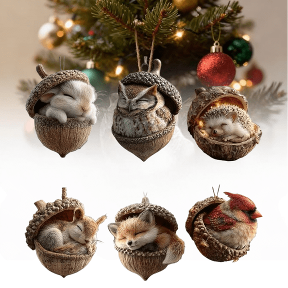 6Pcs Forest Animal Acorn Ornaments – Cozy Forest Christmas Ornaments, 2026 New Pine Cone Animal Decoration, Woodland Creature Figurine, 2D Acrylic Hanging Ornament Home Party Décor