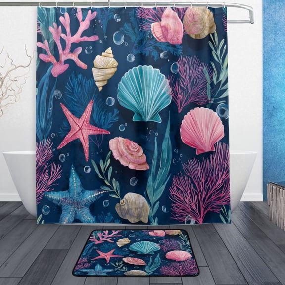 TTYFWHD 60" x 72" Shower Curtain and Bath Mat Set Dreamy Ocean Shell Print Waterproof Bathroom Curtain with 12 Hooks, Bathroom Decor Set