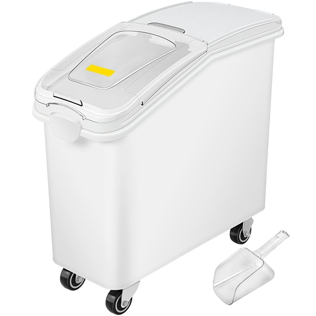 KFFKFF Grain Storage Bin, 21-gallon (80L) capacity, airtight and multi-purpose, with a white cylindrical design, transparent sealed lid, casters for mobility, and an included scoop. Suitable for storing pet food, grains, cereal, or flour. Made from BPA-free food-grade PP material.