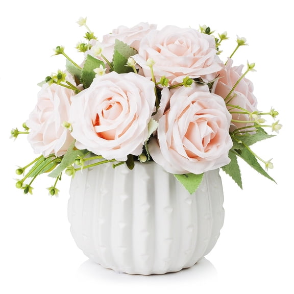 Enova Home  Mixed Artificial Silk Roses Fake Flowers Arrangement in White Ceramic Pot for Home Office Decoration Light Pink