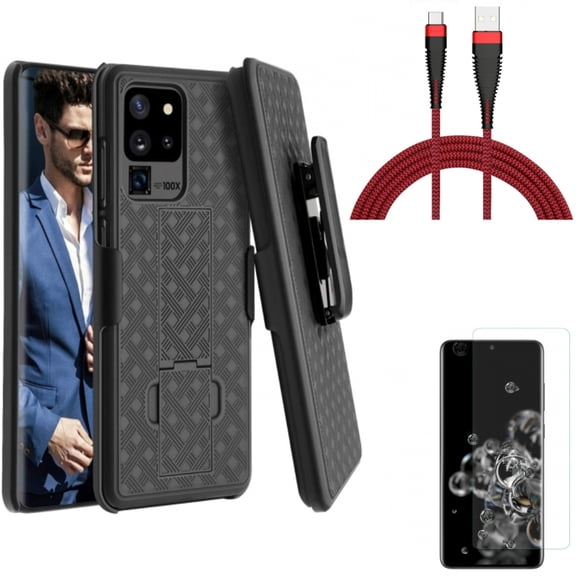 10ft USB Cable w Case Belt Clip w Screen Protector for Samsung Galaxy S20 Ultra - Type-C Charger Cord Power, Holster Swivel Cover, Tempered Glass [Fingerprint Unlock] 3D Curved fits Galaxy S20 Ultra