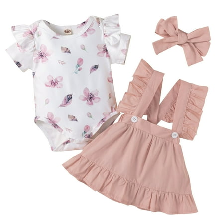 

QWERTYU Newborn Infant Baby Toddler Girl Boy 3PCS Short Sleeve Clothing Set Outfit Floral Bodysuit and Ruffle Suspender Skirt Set Summer with Headband Pink