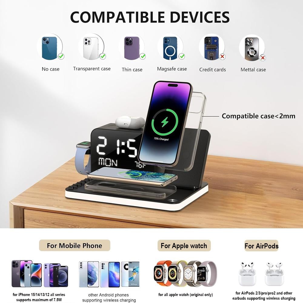 7 in 1 Wireless Charging Station with Dual Phone Fast Charger Support 30W Fast Adapter for AirPods-Black