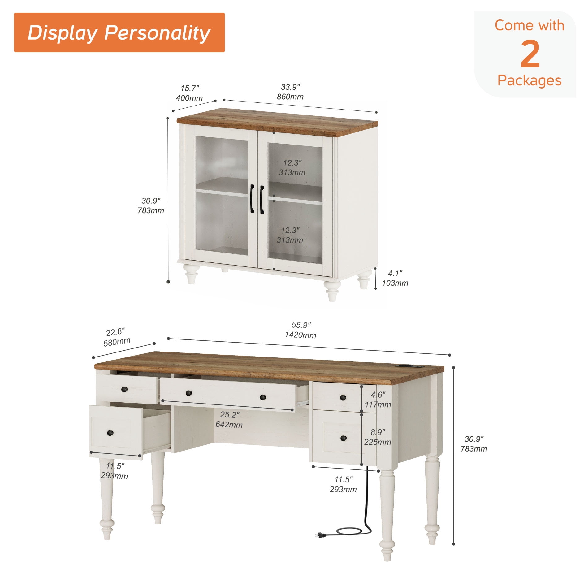 White Home Office Furniture Set, 56" Executive Desk with Charging Station, Farmhouse Cabinet with Glass Doors, Wood Computer Desk with File Cabinet Storage, Open Shelf