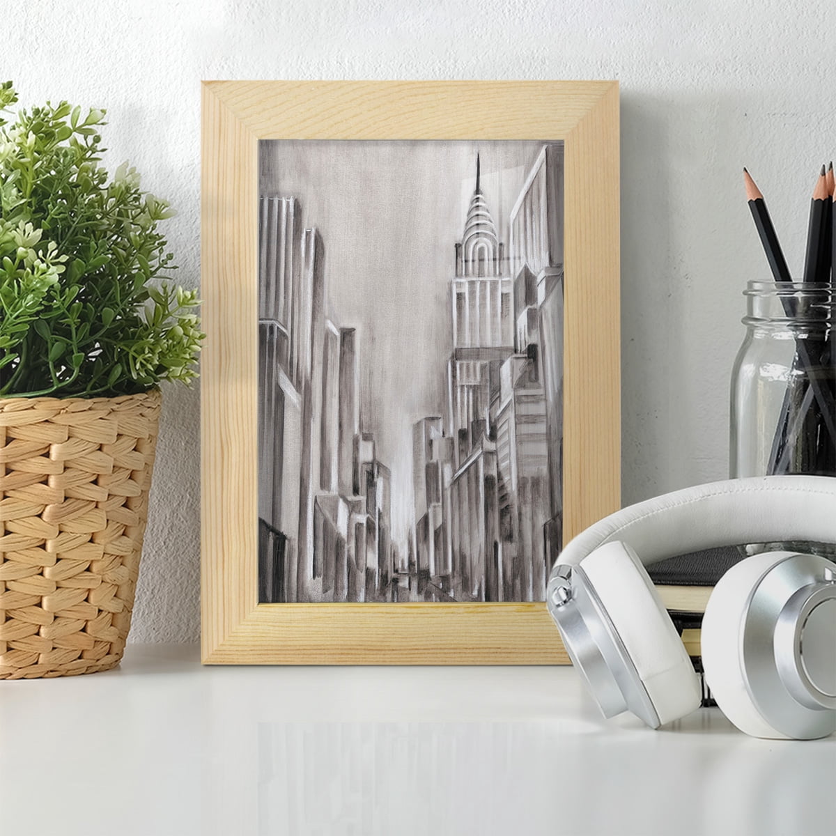 Art Deco Cityscape I -Framed Print w/glass-Natural Wood