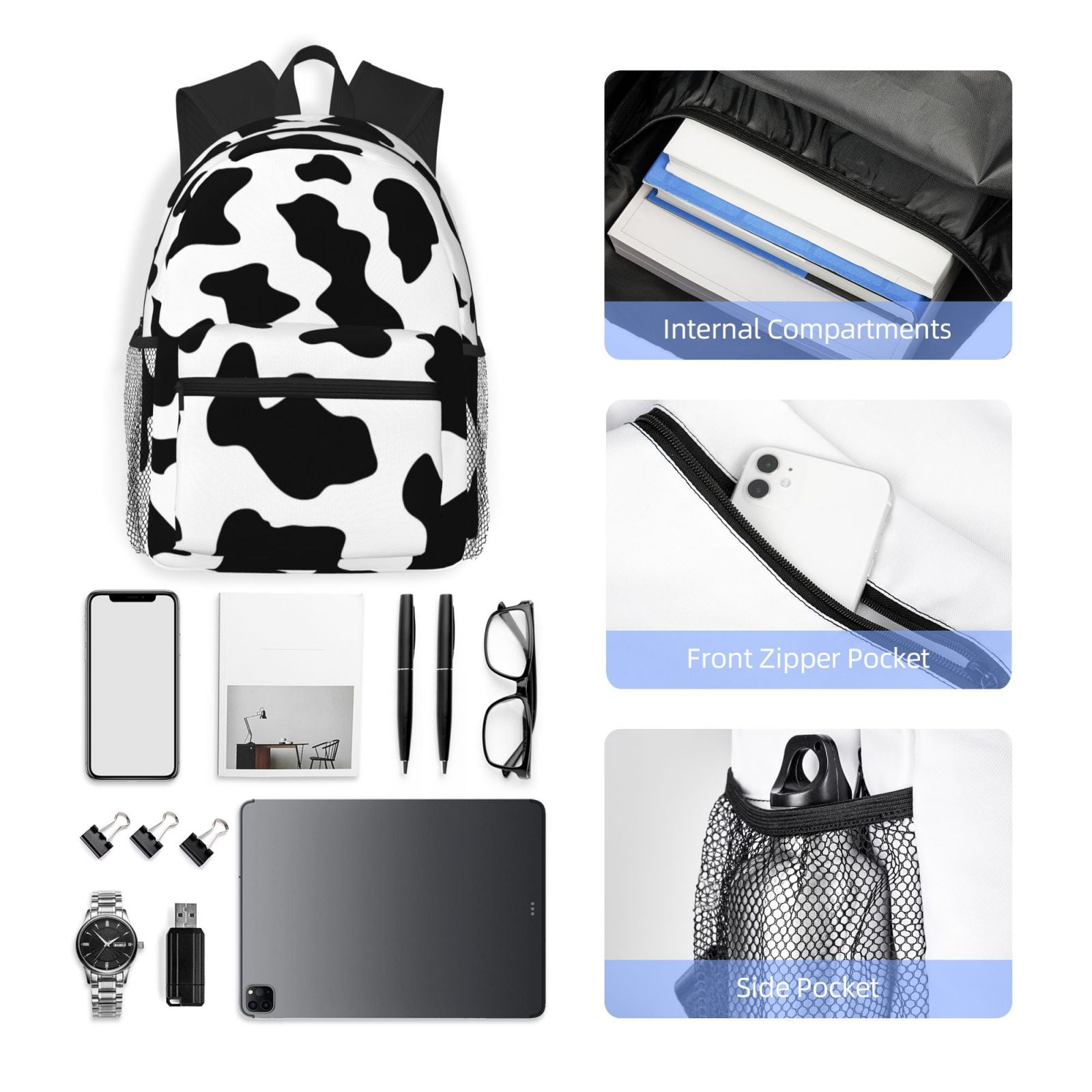 Horeoi Milk Cow Print Casual Backpack for School Work Travel Hiking with Laptop Compartment and Side Pockets Lightweight Design