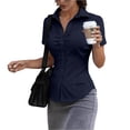 thumbnail image 2 of Women's Basic Button Down Shirts Short Sleeve Stretch Button Up Dress Shirt Slim Fit Waitress Work Shirts Navy L, 2 of 6