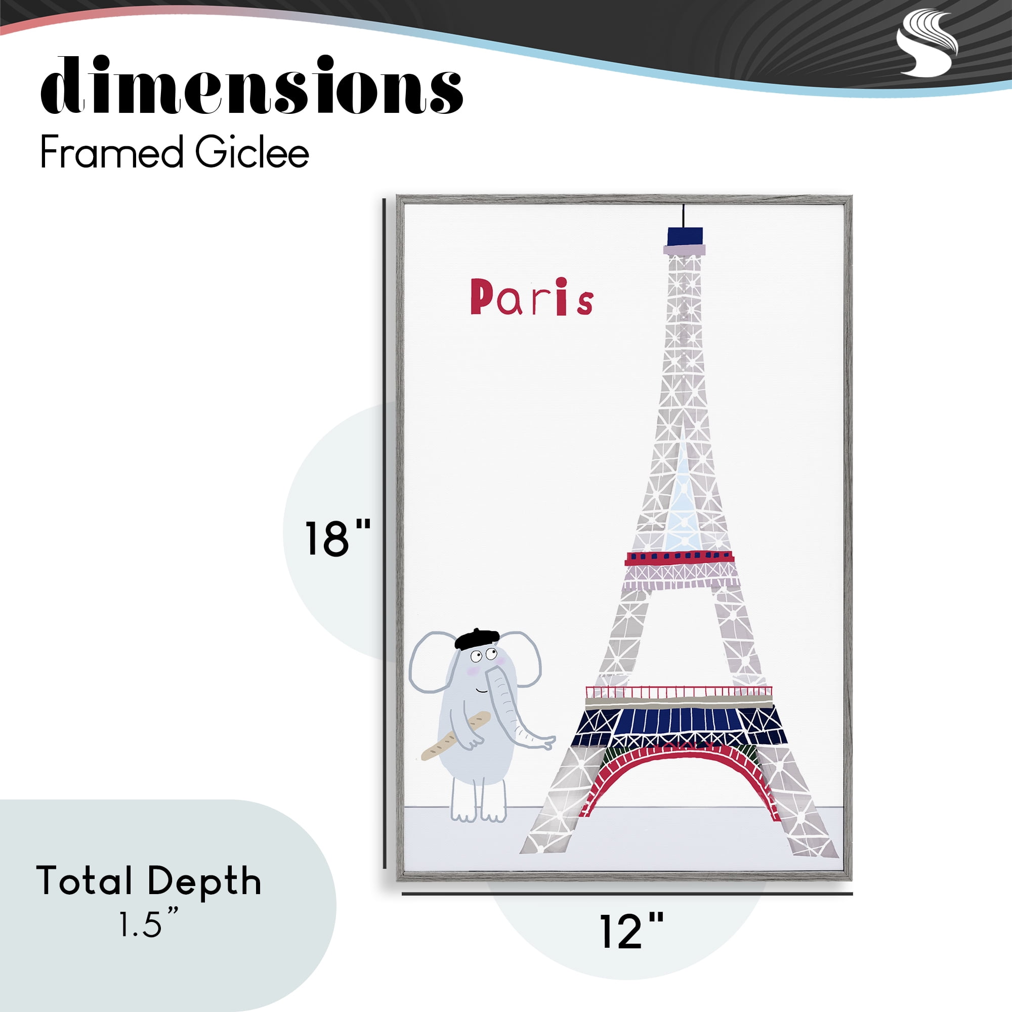 Elephant & Eiffel Tower Gray Framed Giclee Art, design by Carla Daly