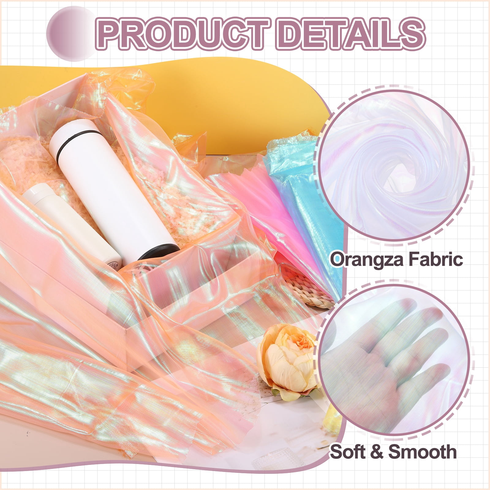 Uxcell Iridescent Sheer Organza Fabric, 10 Yards x 59 Inches Solid Laser Holographic Shiny Fabric, White